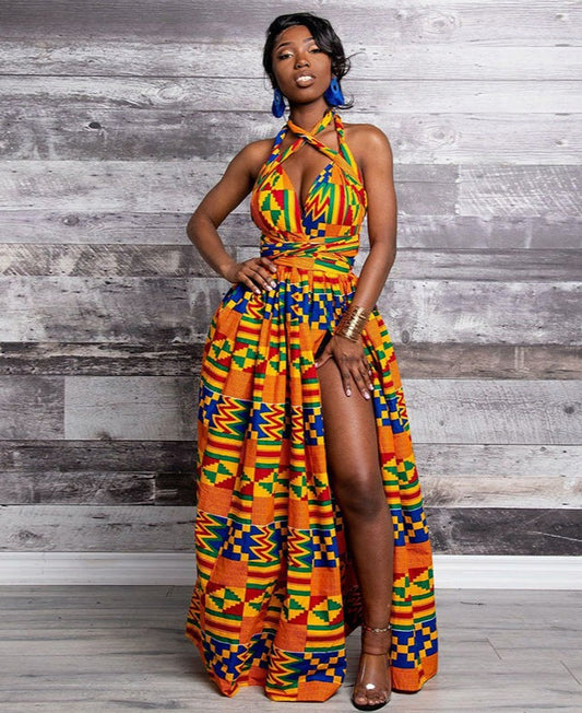 African Dress with Elastic Waistband, High Waist Split, and Multiple Wearing Options