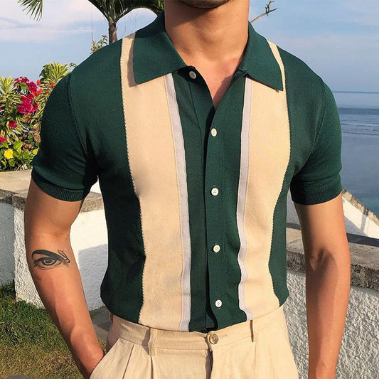 Short-Sleeved Polo Shirt with Single-Buckle Cardigan Knit - T-Shirt Design
