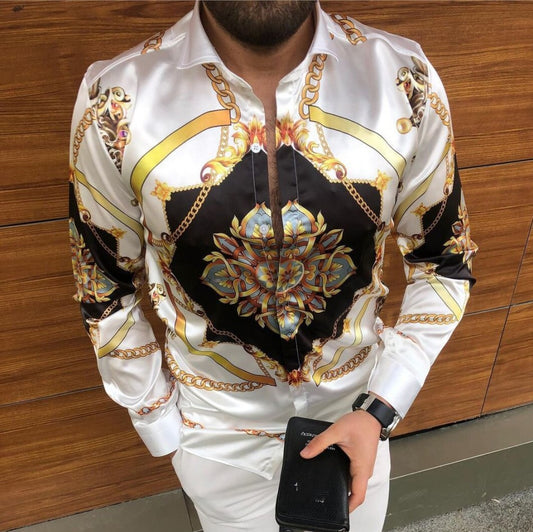 Men's Fashion Printed Silk Long-sleeved Shirt