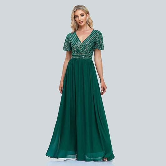 Evening Dress: Short Sleeve V-Neck Sequin Chiffon A-Line Swing Dress