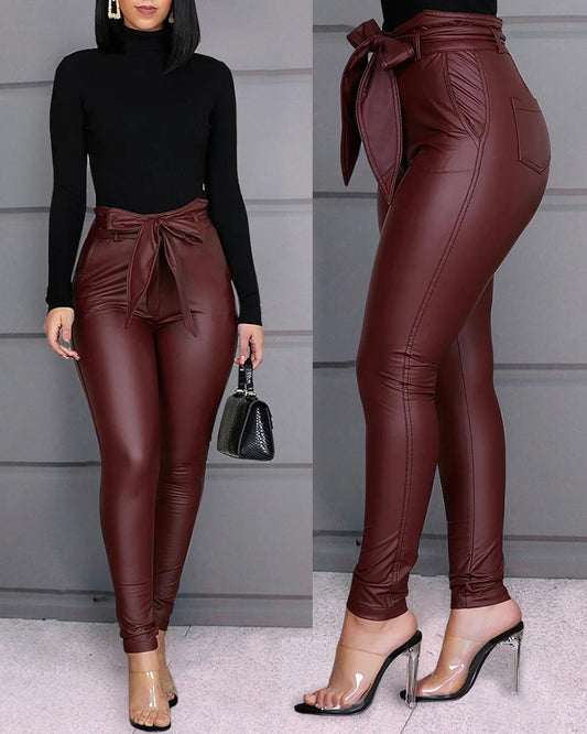 Women's Leather Pants with Bow Lace-up Detail - Sexy Style