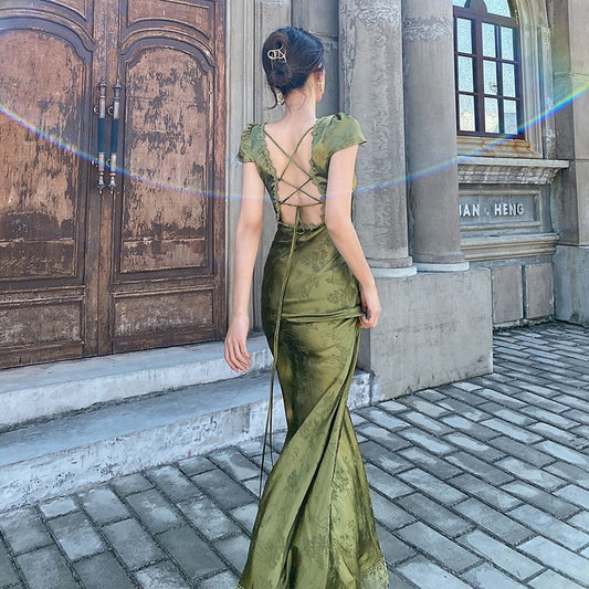 Satin Floral Green Backless Maxi Dress