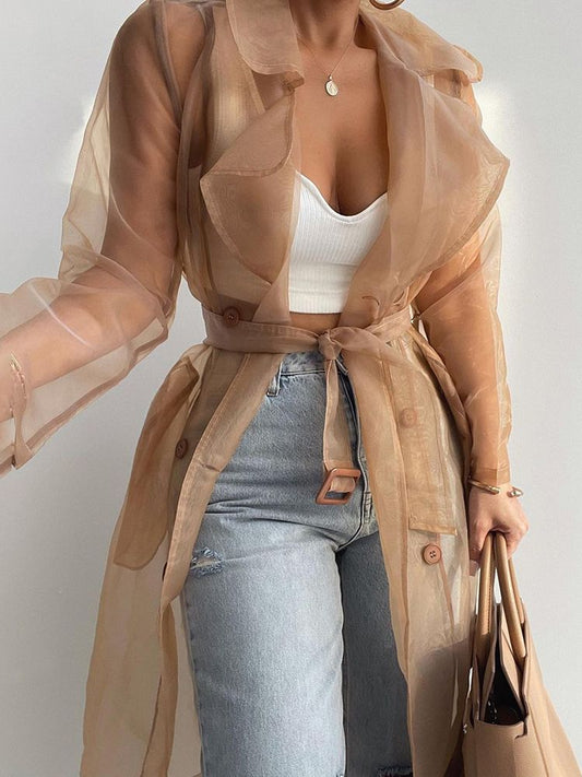See Through Long Sleeve Buttoned Coat With Belt