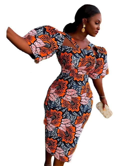 African Print Knee-length Dress with Half Sleeves