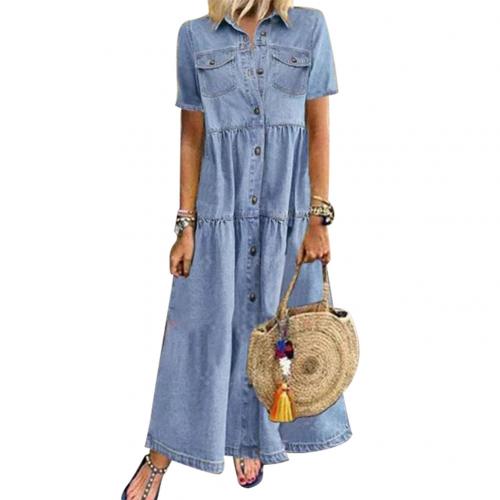 Denim Dress  - Short Sleeve, Turn Down Collar, Pockets, Button Closure, Long and Loose Fit